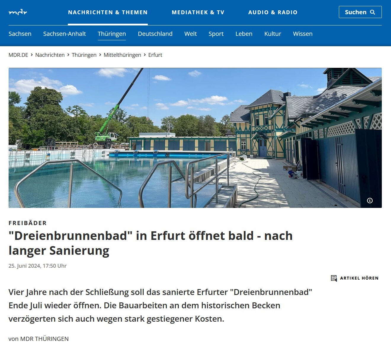 Presse: Erfurter Dreienbrunnenbad öffnet bald nach langer Sanierung, Bild: Quelle: MDR, 26.6.2024